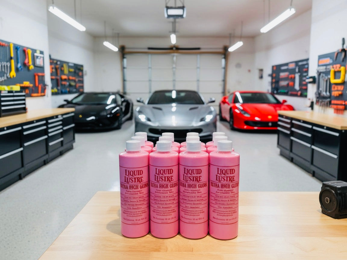 A case of Liquid Luster original pink car wax on a table in a garage with cars in the background