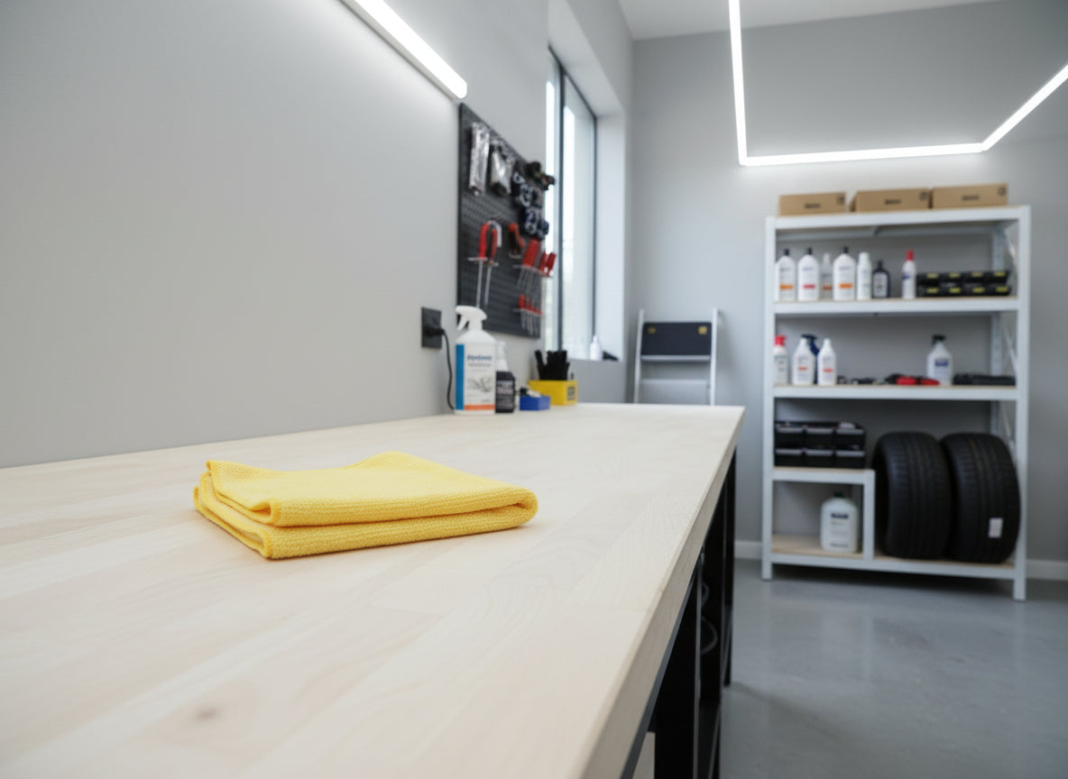 Yellow microfiber buffing towel on a wooden surface in a garage
